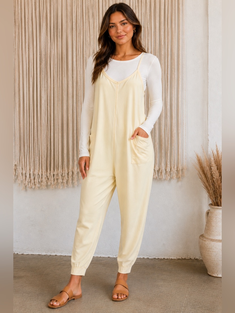 Sincerely Jules Butter Yellow Lounge Soft Jumpsuit Sleeveless with pockets